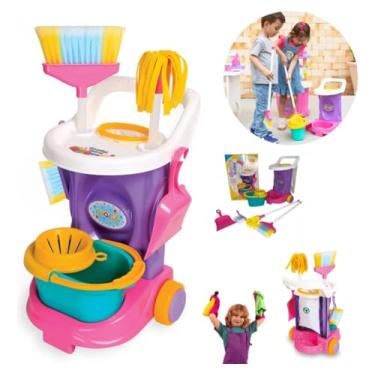 Imagem de Carrinho de Limpeza Infantil Cleaning Trolley Com Vassoura, Esfregão, Balde, Pazinha, Escovinha e Saco de Lixo Ideal para Crianças a Partir de 3 Anos Design Colorido e Divertido