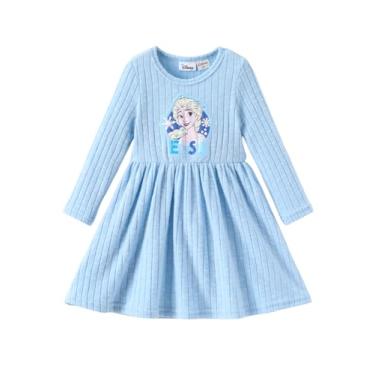 Imagem de Disney Vestido infantil floral Princess Frozen Elsa Minnie Stitch, manga comprida, roupa de outono casual para crianças de 2 a 6 anos, Azul Congelado, 3T