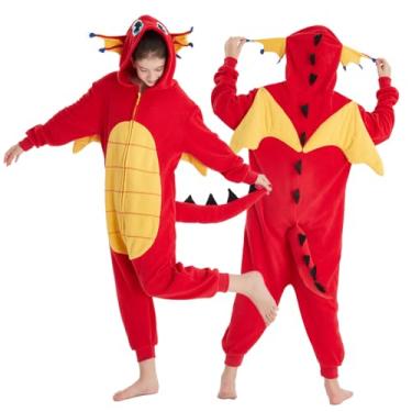 Imagem de Laahoem Pijama de dragão animal infantil unissex cosplay fantasia adolescente com capuz macacão vermelho PP
