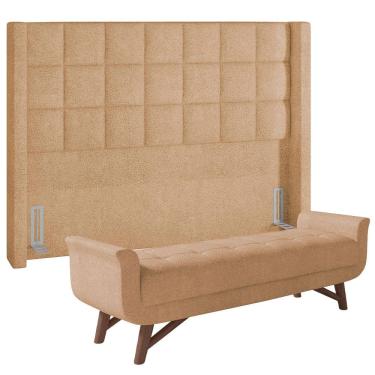 Imagem de Kit Cabeceira Cama Box Paris 195 cm com Puff Recamier Itália P05 Bouclê Mostarda - Lyam Decor