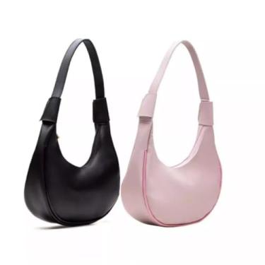 Imagem de Conjunto com 2 Bolsas Femininas de Ombro Estilo Baguete Meia-Lua em Couro – Design Elegante e Moderno com Fecho de Zíper (Preta/Rosa)