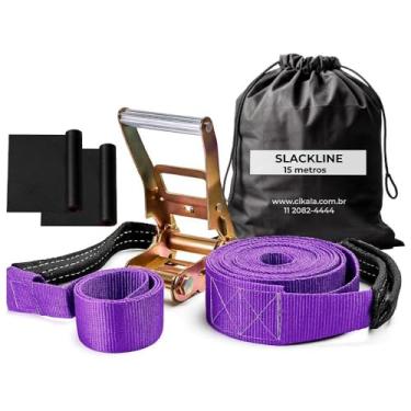 Imagem de Slackline Roxo 15 M Catraca + Alças + Protetores + Bolsa