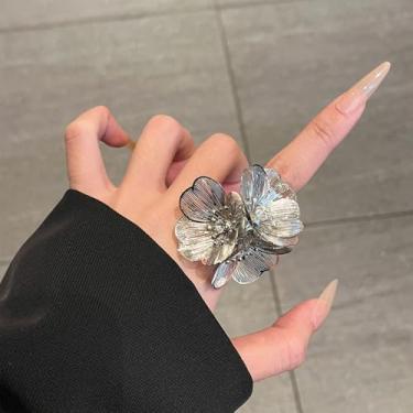 Imagem de Anel exclusivo de declaração de flor para mulheres banhado a prata em tom de cristal banhado a prata ajustável anel aberto exagerado elegante floral filigrana anel para casamento, compromisso