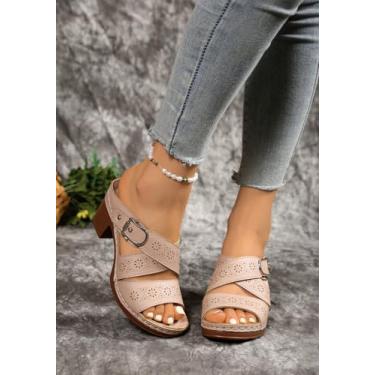 Imagem de Sandálias femininas de salto quadrado de salto baixo, bico aberto, tira no tornozelo, salto grosso, sandálias de salto alto para festa e casamento, Nude., 35