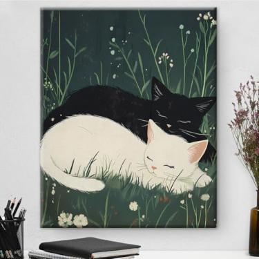 Imagem de Linda decoração de arte de parede de gato preto e branco engraçado desenho animado impressão em tela pintura emoldurada decorações de parede para casa, sala de estar, quarto, 20 x 25 cm, presentes