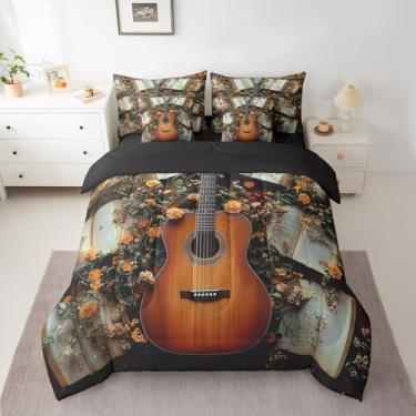 Imagem de Castle Fairy Jogo de cama queen com tema de música de violão, 7 peças, temática de rock rústico, instrumento musical vintage (edredom + lençol de cima + 2 fronhas + 2 fronhas de travesseiro)