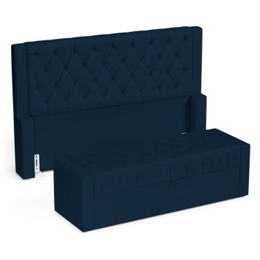 Imagem de Cabeceira E Calçadeira Báu Queen Size Atena 160cm Capitonê Veludo Azul Marinho - Desk Design