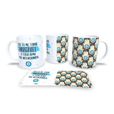 Imagem de Caneca Evil Eye Proteção, Porcelana Branca com Olho Grego Azul, Design Místico com Padrão de Amuletos, Livrai-me de Todo o Mal (17359)