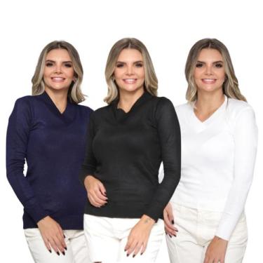Imagem de Kit 3 Blusas Feminina Sueter Tricô Macio Gola V Manga Longa Inverno - 
