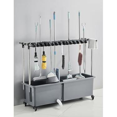 Imagem de JYXYXSCP Suporte para vassoura e esfregão para colocar esfregões molhados móveis para esfregão montado no chão, ferramenta de limpeza de chão, armazenamento de carrinho, roda de 360° (120 cm, 24