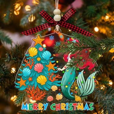 Imagem de Enfeite de acrílico de Natal de princesa sereia, decoração de árvore de férias, enfeite de sereia estilo Ariel, presente para crianças, meninos, meninas, fãs de desenhos animados (com laço vermelho e