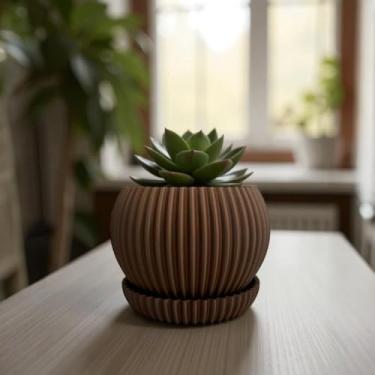 Imagem de Kit 1/2/3 Vasos para Suculentas com Bandeja – Mini Vaso Decorativo Cachepô para Plantas Naturais em Textura Ondulada(KIT 2 MARROM)