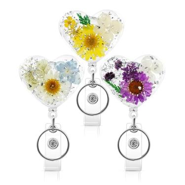 Imagem de KJQJLY 3 peças de carretel de crachá de flor retrátil para enfermeira com porta-chaves de resina floral seca clipe de crachá para professor, enfermeira, médico, trabalhador (coração estilo 3)