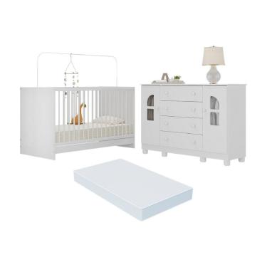 Imagem de Berço 3 em 1 com Colchão Incluso e Cômoda 2 Portas 4 Gavetas Nina Multimóveis MP4772