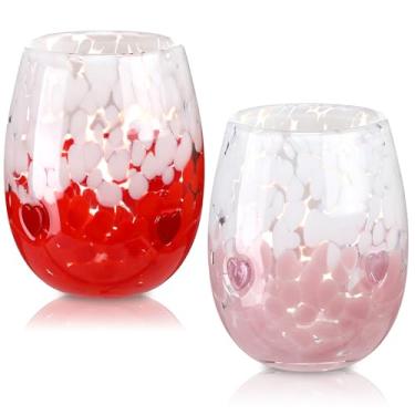 Imagem de Potchen 2 peças de copos de vidro com ícones de coração de 473 ml, copos de vinho, suco sem haste, copos de bebida para dia dos namorados, duplo, antiquado, soprado à mão, para festas de fim de ano
