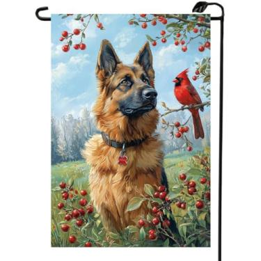 Imagem de Bandeiras de jardim primavera verão para exterior 30 x 45 dupla face, pequena serapilheira pastor alemão cardeal floral jardim bandeira primavera verão decorações de jardim ao ar livre