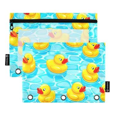 Imagem de Cute Yellow Ducks Blue Pool 3 anéis fichário bolsa lápis com zíper bolsa lápis caneta feminina escola transparente fichário bolsos transparentes 25 cm x 18 cm, 2 pacotes
