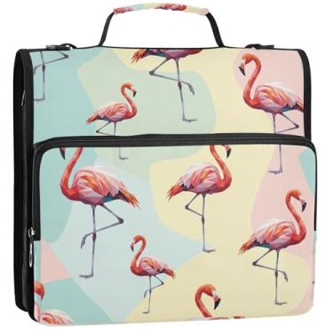 Imagem de Organizador de fichários com zíper, flamingos coloridos, fichários de 3 cm, 3 anéis, bolsa de fichários escolares resistentes e duráveis com alça de ombro, portfólio e estojo para pasta de anel, 34,5