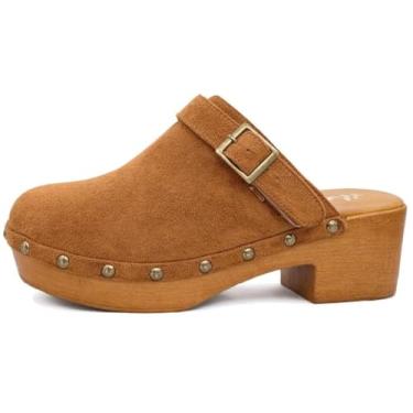 Imagem de Sapatos femininos clássicos de salto de madeira sintética sem cadarço com alça traseira opcional plataforma cravejada confortável salto baixo mule, Bronzeado, 38