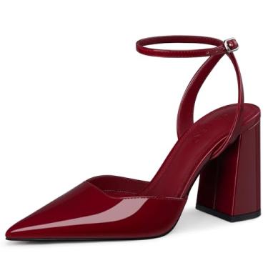 Imagem de CELLENZ Sapatos femininos de salto grosso: 9 polegadas bico fino salto alto - bico fechado com tiras salto sexy, confortável trabalho formal festa dança sapatos tamanho 6-11, Patente 89 Wine, 35