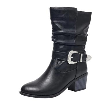 Imagem de Botas femininas casuais de inverno no tornozelo cor sólida bico fino com zíper lateral salto médio botas de camurça, Preto, 38