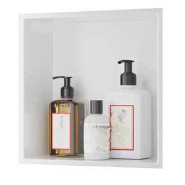 Imagem de Nichos de aço inoxidável, interiores de banheiro, nichos embutidos, prateleiras de armazenamento de produtos de higiene pessoal e cosméticos, divisórias de armário de TV (cor: branco, tamanho: 32 x 32