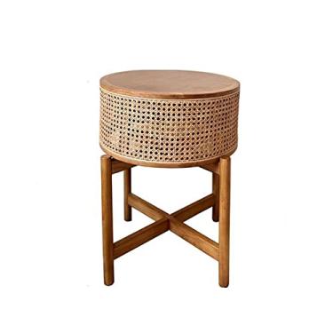 Imagem de Mesa de canto redonda de madeira com cesta de armazenamento, mesa lateral rústica para sofá, mesa de cabeceira redonda pequena, mesa de centro pequena para sala de estar, quarto, mesa de centro