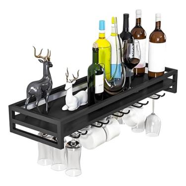Imagem de Rack de vinho montado na parede - Prateleira de barra de metal flutuante industrial com suporte para copo de vinho, grande exibição de garrafa de licor que economiza espaço, solução de armazenamento