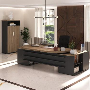 Imagem de Mesa Escritório com 4 Gavetas Armário para Escritório 2 Portas com Nicho Presidente Nogal/Preto