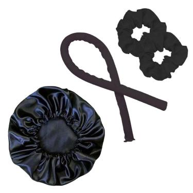Imagem de Kit Touca de Cetim e Modelador de Cachos Curling Rod Anti Frizz com Fronha e Scrunchies Preto e Rosa OEM