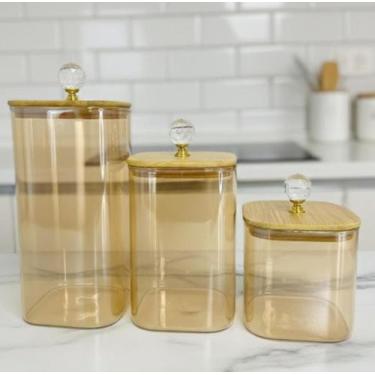 Imagem de Conjunto de Potes de Vidro Âmbar Quadrado com Tampa Hermética de Bambu