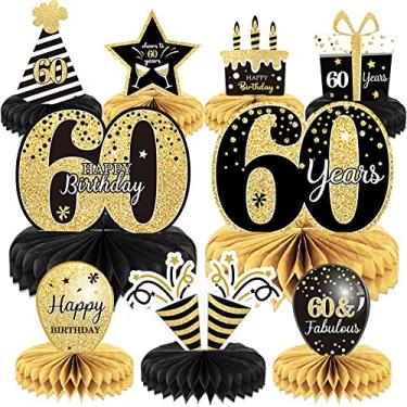 Imagem de 9 peças de decorações de aniversário de 60 anos para mesas de decoração de festa de aniversário de 60 anos de alegria a 60 anos, decoração de festa de aniversário de 60 anos para homens e mulheres, artigos de festa de aniversário de 60 anos