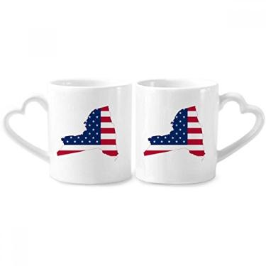 Imagem de New York USA Mapa Estrelas Listras Bandeira Forma Casal Caneca Porcelana Conjunto de Cerâmica Copo Amante Coração Alça