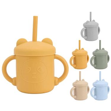 Imagem de Copo infantil de silicone com 2 canudos, fofo copo de treinamento de aprendizado de bebê com estampa de panda 200 ml resistente a quedas com tampa de bico (amarelo)