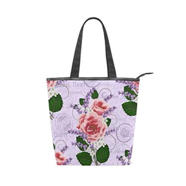 Imagem de Bolsa feminina de lona durável, vintage, floral, rosa, lavanda, grande capacidade, sacola de compras