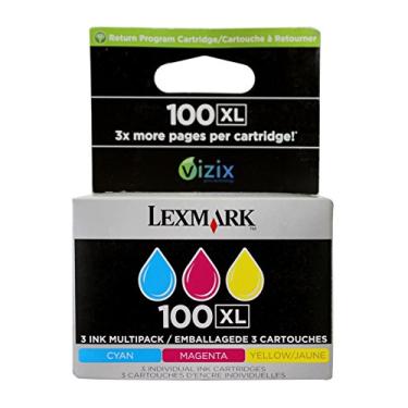 Imagem de Lexmark Cartucho de tinta 14N0684 100XL Genesis S301 305 405 505 605 606 705 805 815 816 901 905 (amarelo magenta ciano, pacote com 3) em embalagem de varejo