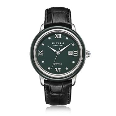 Imagem de Diella Relógios masculinos, mostrador incrustado com jade e strass Swarovski, conjunto de coroa com movimento de quartzo safiras, pulseira de couro, impermeável 5 ATM, data luminosa, casual para