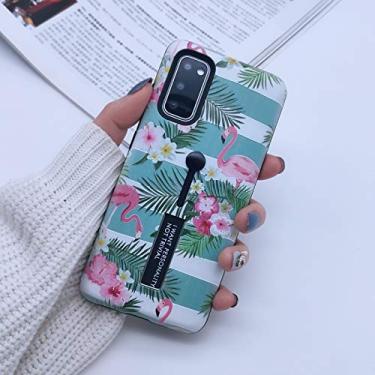 Imagem de MADINCN Compatível com Samsung Galaxy S20 Capa com alça de dedo, design de flamingo em relevo 3D, capa robusta à prova de choque slim fit de camada dupla com alça de anel de dedo (verde)