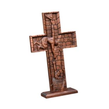 Imagem de Generic Crucifixo de madeira Jesus com base de parede Cruz artesanal multifuncional para igreja enfeite de mesa presente cristão, 35x20.5x2.5cm