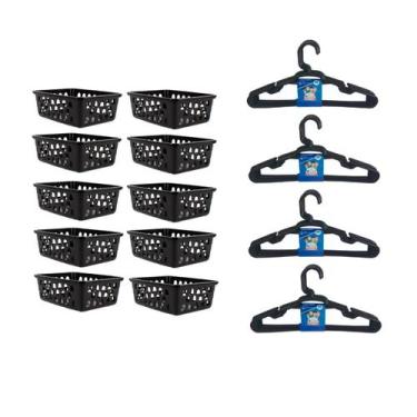 Imagem de Kit 10 Cesto Organizador 16x12x6Cm Preto +20 Cabide Infantil - 123 Org