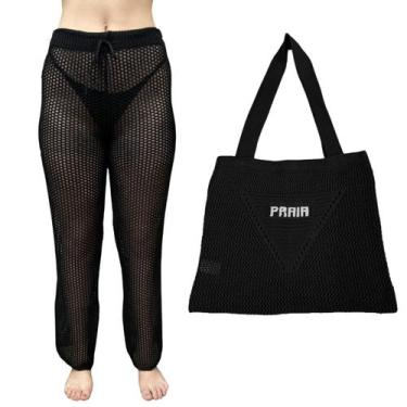 Imagem de Kit Calça Pantalona Tricot Feminina com Bolsa Sacola de Praia Crochê -