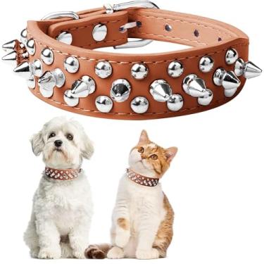 Imagem de Pimaodog Coleira para cachorro cravejada, coleira ajustável de couro macio para cães pequenos e médios Bulldog Pitbull Mastim Poodle Boxer (L, marrom-2)