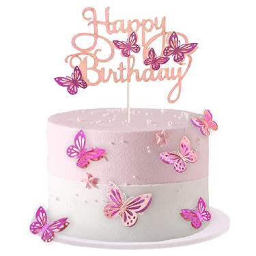Imagem de MILIYUKI Conjunto de 13 peças de topo de bolo de borboleta rosa e roxa: 1 enfeite de feliz aniversário (18,8 x 21,8 cm) e 12 topos de cupcake de borboleta (5,8 x 12 cm) para bolos de 15 a 25 cm