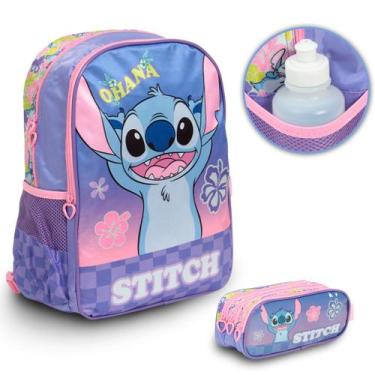 Imagem de Kit Mochila Infantil Escolar Passeio Stitch Costas + Estojo - Plike