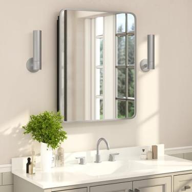 Imagem de Flash Furniture Jolie Armário de remédios embutido para banheiro com espelho chanfrado arredondado e moldura de metal reversível, conjunto de 1, prata