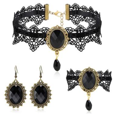 Imagem de Gargantilha gótica colar de brincos de Halloween conjunto de pulseiras para mulheres, colar de renda gótica gótica vermelho/preto, joias de Halloween, bruxa, vampiro, baile de máscaras, steampunk, vitoriano, Lolita, acessórios de fantasia, Zinco, Sem Pedra Preciosa