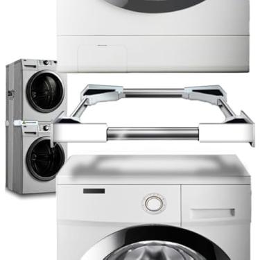 Imagem de Modern Innovations Kit de empilhamento ajustável de lavadora e secadora, soluções de armazenamento inteligentes, inclui alça de catraca, hastes e almofadas, conjunto de prateleira empilhável de