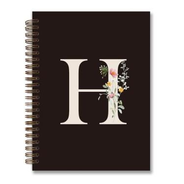 Imagem de foedor Caderno espiral de capa dura personalizado moderno, caderno preto com letra H, presentes com monograma para mulheres adolescentes, caderno espiral de capa dura pautado para faculdade, 14 x 21