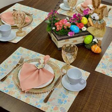 Imagem de Kit 6 Jogos Americanos com 6 Guardanapos e 6 Pg Páscoa Colorido Póa (OVOS LARANJA COM AZUL - GUARDANAPOS SALMÃO - PG COELHO TRADICIONAL)