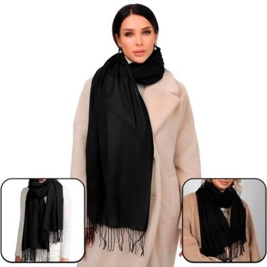 Imagem de Cachecol Preto Pashmina Xale Echarpe Elegante Unissex - Sinta se Linda